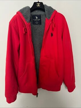 U.S. Polo Assn. Red Zip-Up Hoodie with Gray Sherpa Hood Lining